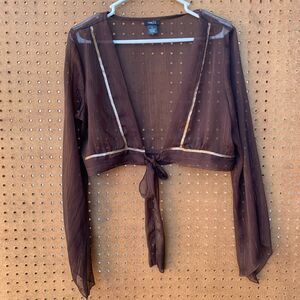 Rue21 Sheer Blouse Cardigan Cropped Brown Y2K 90s Tie Front Long Sleeve XL